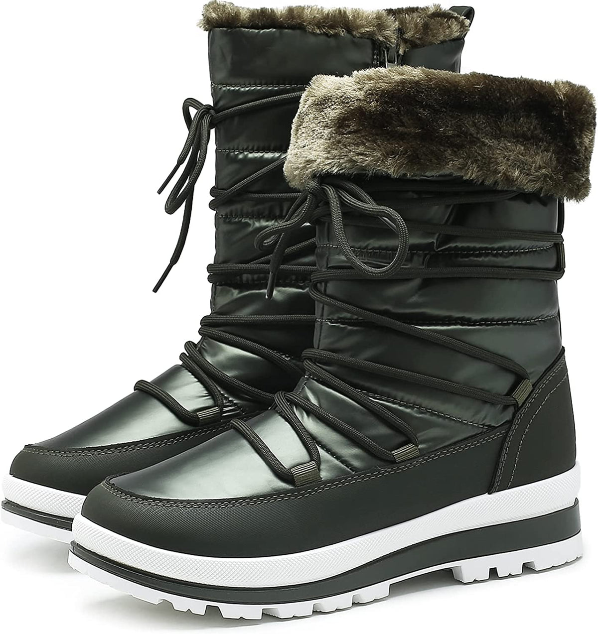 Women's Green Winter Snow Fur Lined Mid Calf Warm Boots