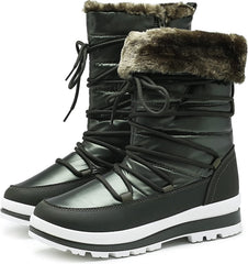 Women's Green Winter Snow Fur Lined Mid Calf Warm Boots