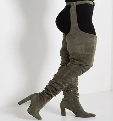 Women Sexy Side Zipper Thigh High Boots Female Belt Trousers Boots Ladies Flock Pointed Toe Suqare High Heels Boots