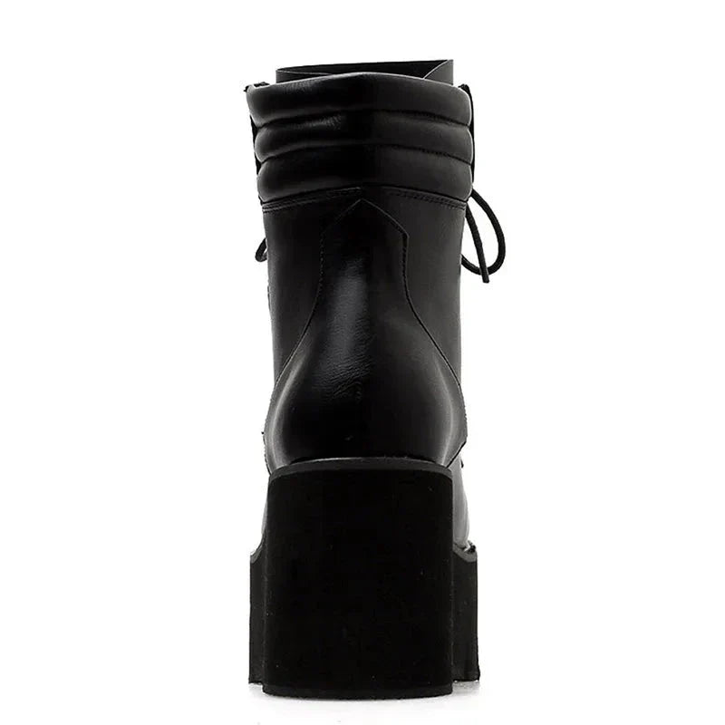 Autumn Ankle Boots For Women Motorcycle Boots Chunky Heels Casual Lacing Round Toe Platform Boots Shoes Female