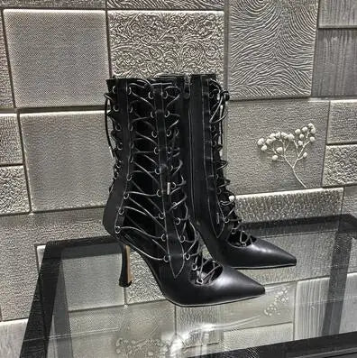 Women Sexy Black Pointed Toe Boots Female Cross-Tied High Heels Ankle Boots Girls Hollow Lace-up Dress Solid Shoes