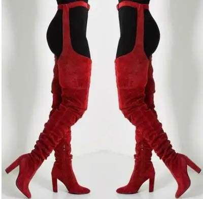 Women Sexy Side Zipper Thigh High Boots Female Belt Trousers Boots Ladies Flock Pointed Toe Suqare High Heels Boots