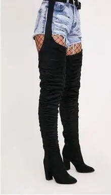 Women Sexy Side Zipper Thigh High Boots Female Belt Trousers Boots Ladies Flock Pointed Toe Suqare High Heels Boots