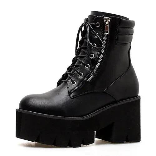 Autumn Ankle Boots For Women Motorcycle Boots Chunky Heels Casual Lacing Round Toe Platform Boots Shoes Female