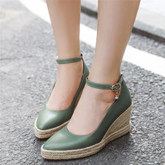 Classic Wedges Shoes For Women Spring Casual Ankle Straps High Heels Pumps Shoes White Green Wedge Wedding Office Shoes Female