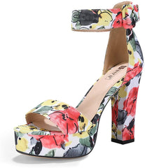 Sabrina Floral Yellow Chunky High Heels Sandals