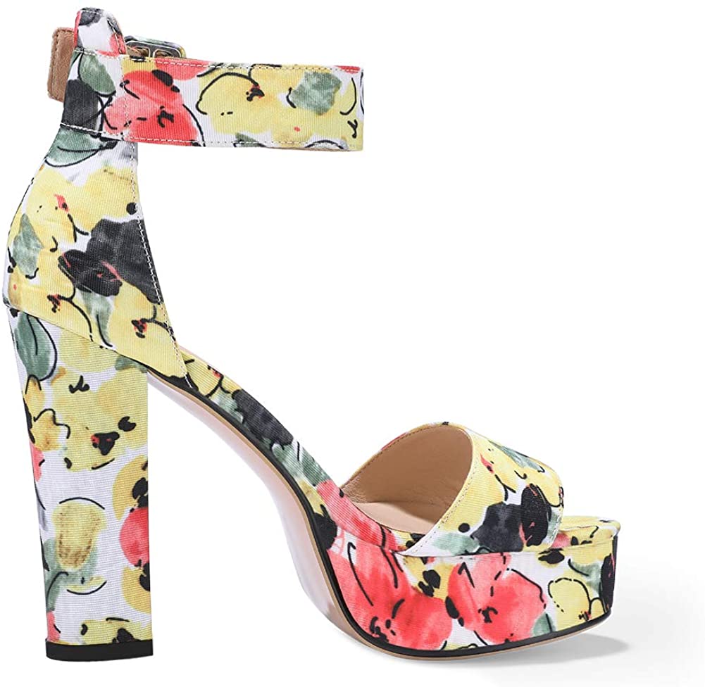 Sabrina Floral Yellow Chunky High Heels Sandals