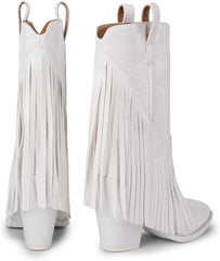 White Sassy Tassel Fringe Block Heel Cowgirl Boots