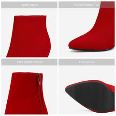 Red Suede Winter Chic Pointy Toe Low Heel Ankle Boots