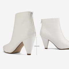 White Faux Leather Winter Chic Pointy Toe Low Heel Ankle Boots