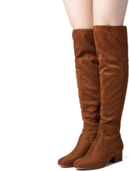 Suede Chunky Heel Brown Stretch Winter Knee High Boots