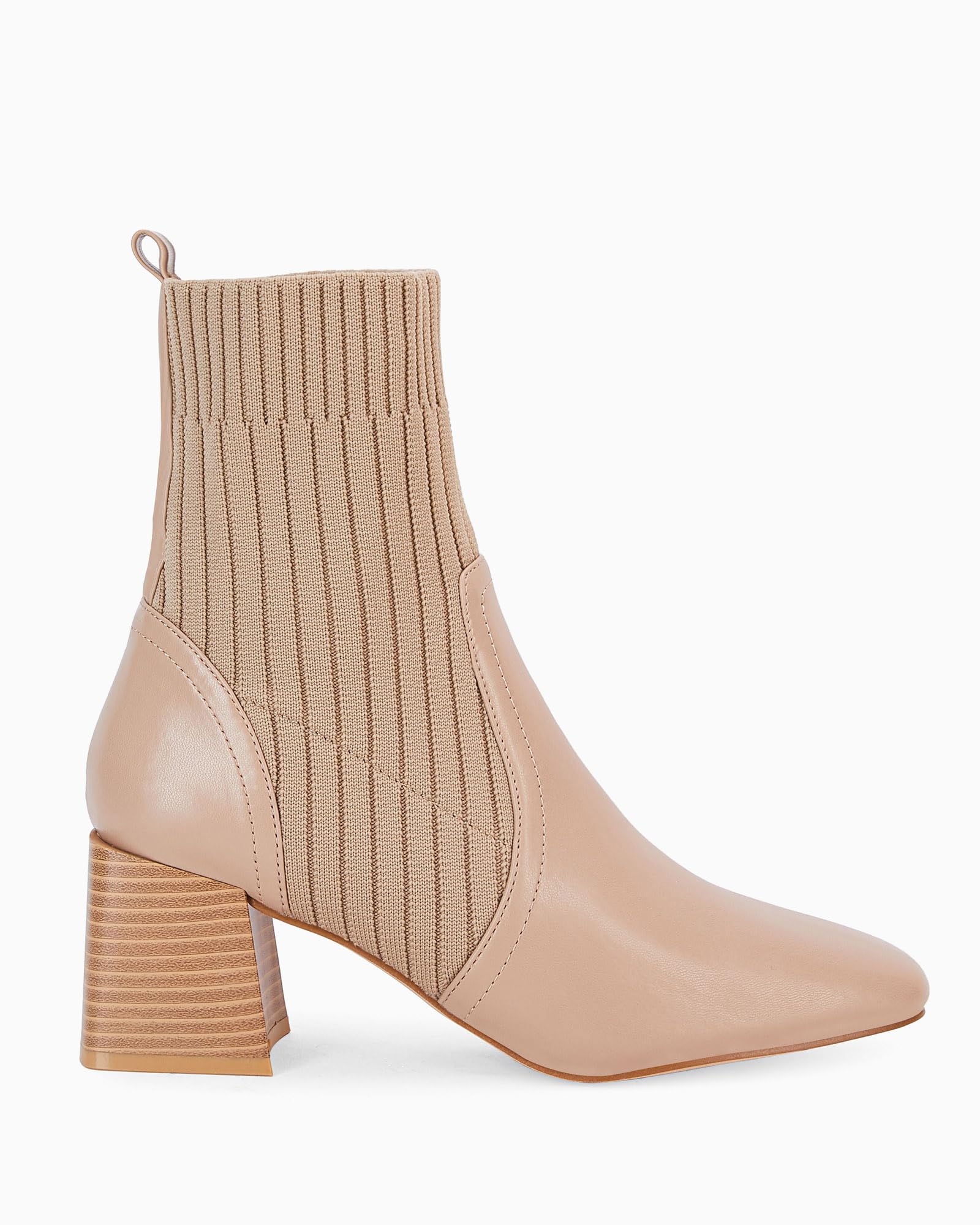 Khaki Leather Knit Chunky Heel Ankle Boots