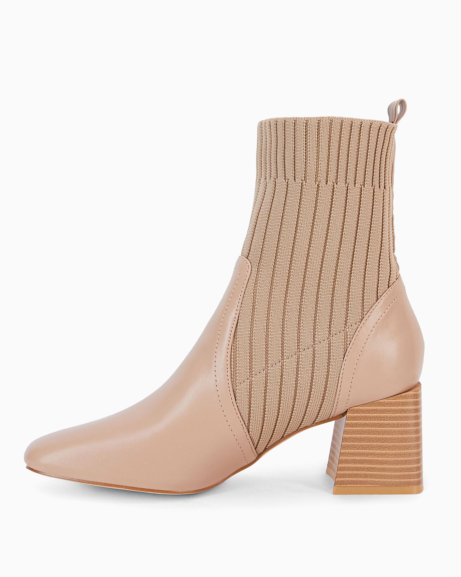 Khaki Leather Knit Chunky Heel Ankle Boots