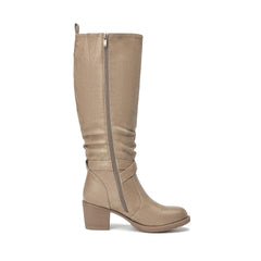 Khaki Faux Leather Almond Toe Faux Leather Buckle Knee High Boots