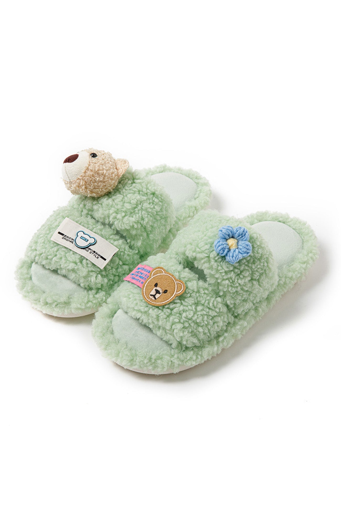 New Fashion Spring Outfit Cute Bear Flower Slip-on Fuzzy Slippers