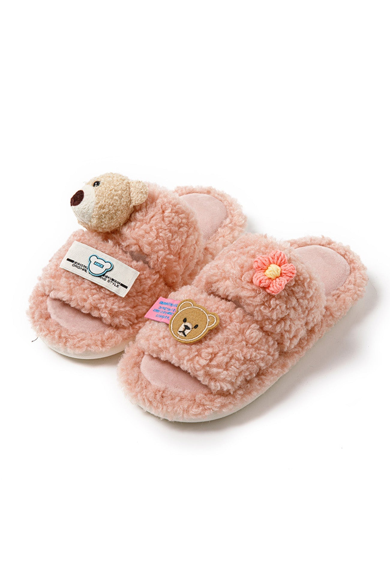 New Fashion Spring Outfit Cute Bear Flower Slip-on Fuzzy Slippers