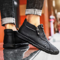 Men's Hand Stitched Black Leather Textured Boots