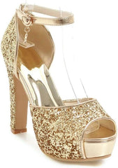 Gold Sequin Glitter Platform Open Toe Ankle Strap Heels