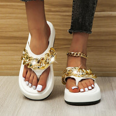 Vintage Metal Chain White Platform Flip-Flops Summer Sandals