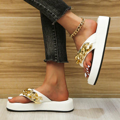 Vintage Metal Chain White Platform Flip-Flops Summer Sandals