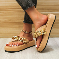 Vintage Metal Chain Khaki Platform Flip-Flops Summer Sandals
