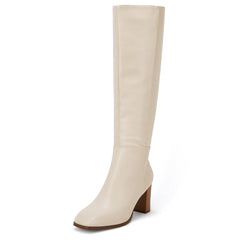 Nude Faux Leather Fashionable Chunky Block Knee High Boots