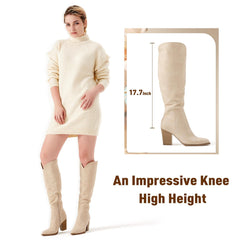 Nude Suede Pointed Toe Knee High Boots