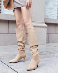 Nude Slouchy Kitten Heel Wide Calf Boots