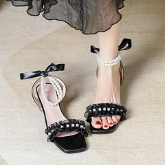Women's Summer Ribbon Bow Pearl Buckle Fairy Style Fashion Sandals