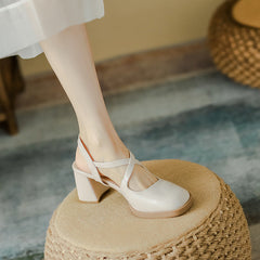 Women's Square/round Head French Style Mary Jane Retro Mid Heels