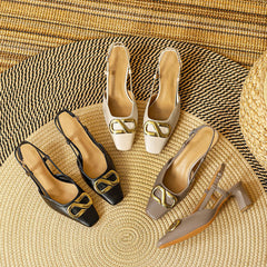 Women's Pumps Mid Summer Buckle Closed Chunky Back Heels