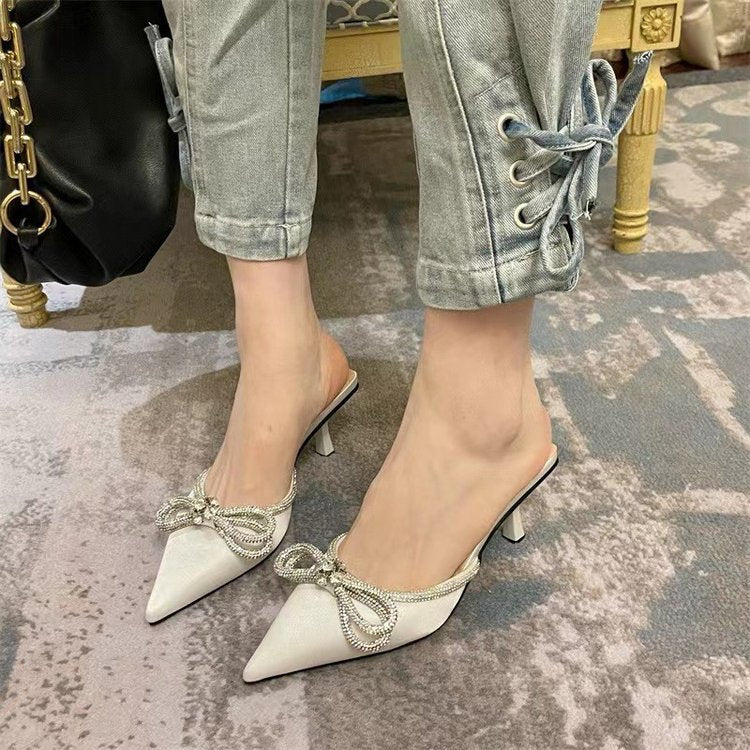 Women's Rhinestone Bow Pointed Fashion High-heeled Outdoor Slippers