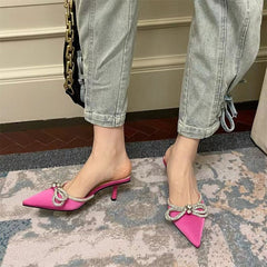Women's Rhinestone Bow Pointed Fashion High-heeled Outdoor Slippers