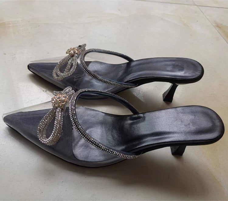Women's Rhinestone Bow Pointed Fashion High-heeled Outdoor Slippers