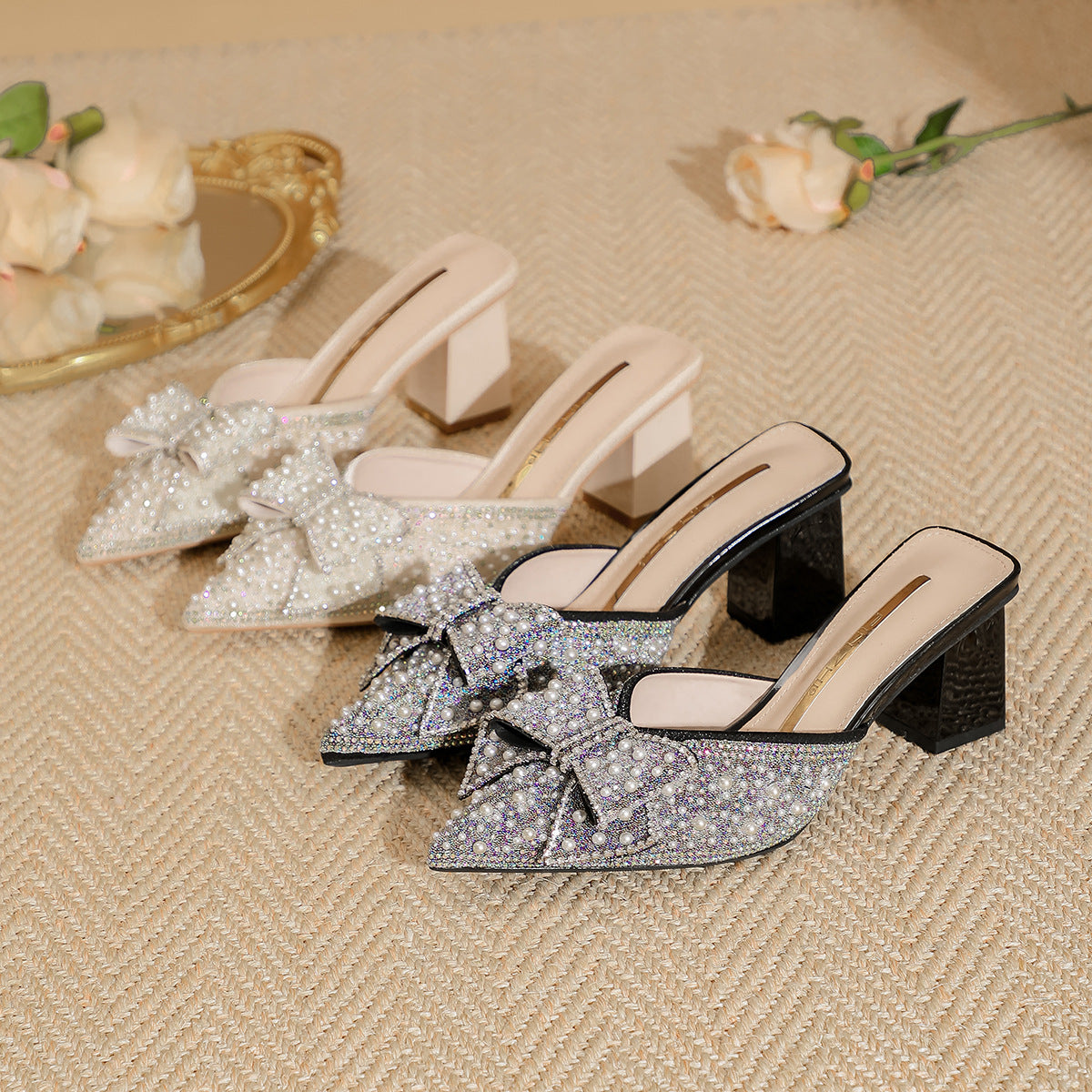 Women's Chunky Pointed High Bow Outer Wear Closed Heels