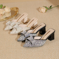 Women's Chunky Pointed High Bow Outer Wear Closed Heels