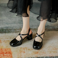 Women's Square/round Head French Style Mary Jane Retro Mid Heels