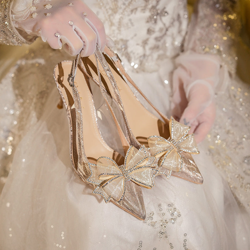 Women's French Crystal High Bow Wedding Rhinestone Pointed Heels