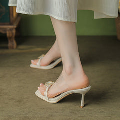 Women's With Transparent Tape Rhinestone Flowers Heels