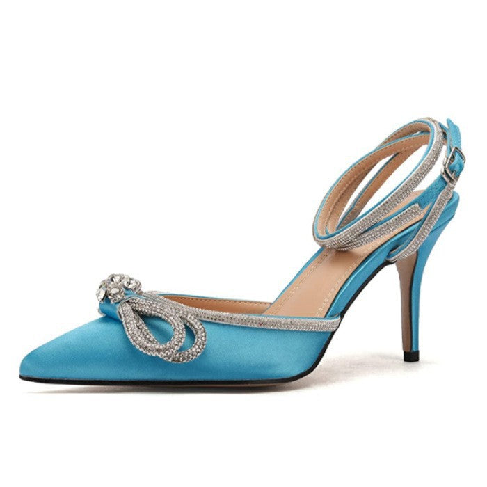 Women's Pointed-toe Bowknot Rhinestone High Silk Back Heels