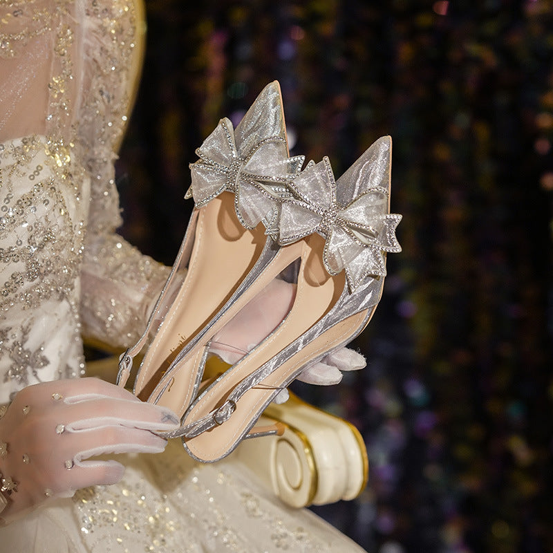 Women's French Crystal High Bow Wedding Rhinestone Pointed Heels