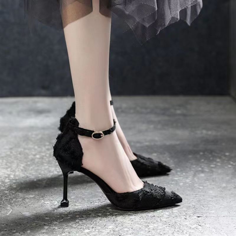 Women's Rubber Stiletto Suede Pointed Toe Ankle-strap Buckle High Heels