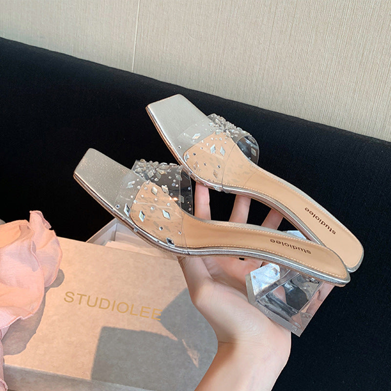 Unique Summer Square Toe Transparent Crystal Heels