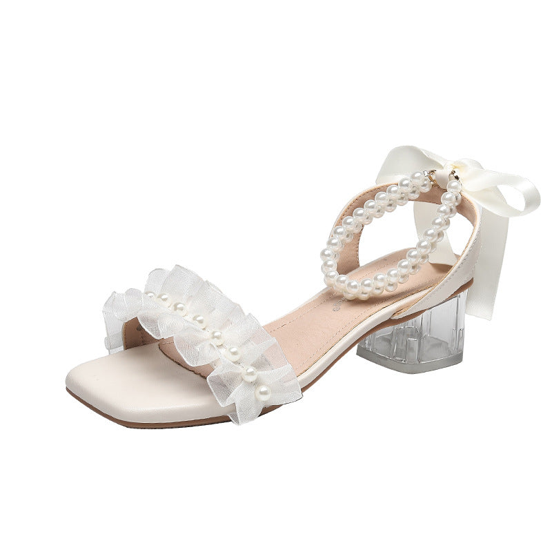 Women's Summer Ribbon Bow Pearl Buckle Fairy Style Fashion Sandals