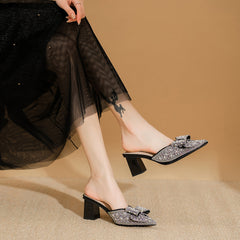 Women's Chunky Pointed High Bow Outer Wear Closed Heels