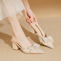 Women's Chunky Pointed High Bow Outer Wear Closed Heels