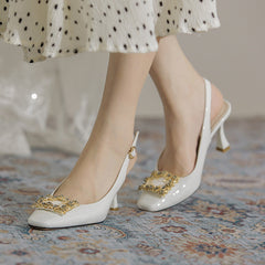 Women's Rhinestone Square Buckle One Strap Back Heels