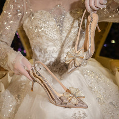 Women's French Crystal High Bow Wedding Rhinestone Pointed Heels