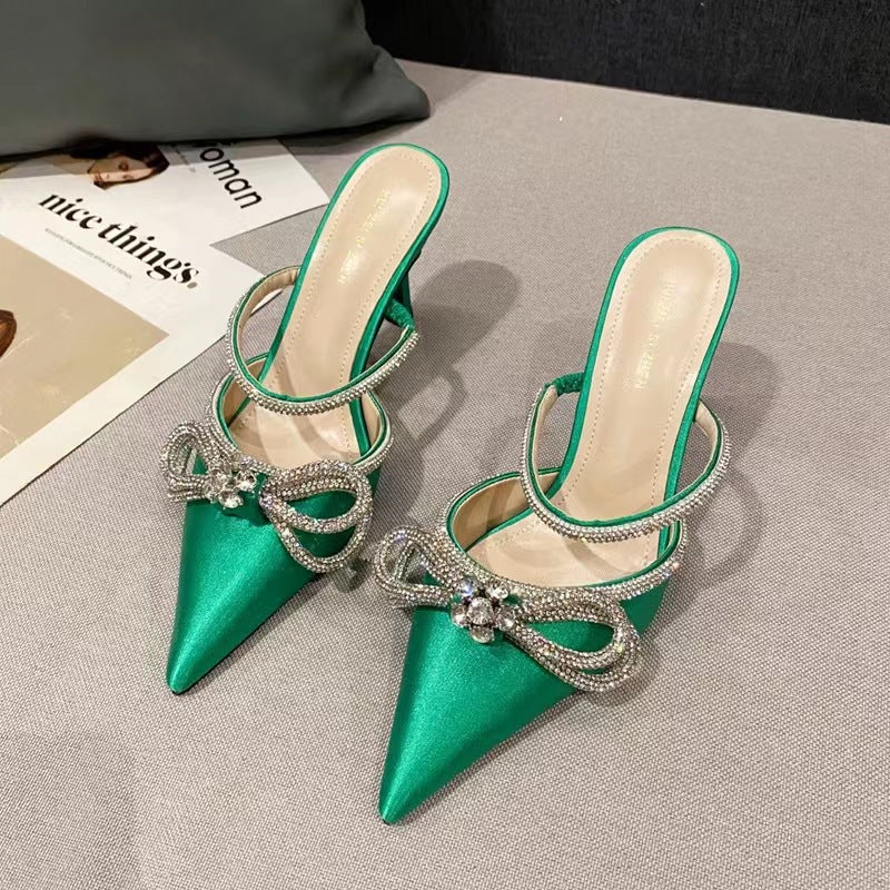 Women's Pointed-toe Bowknot Rhinestone High Silk Back Heels