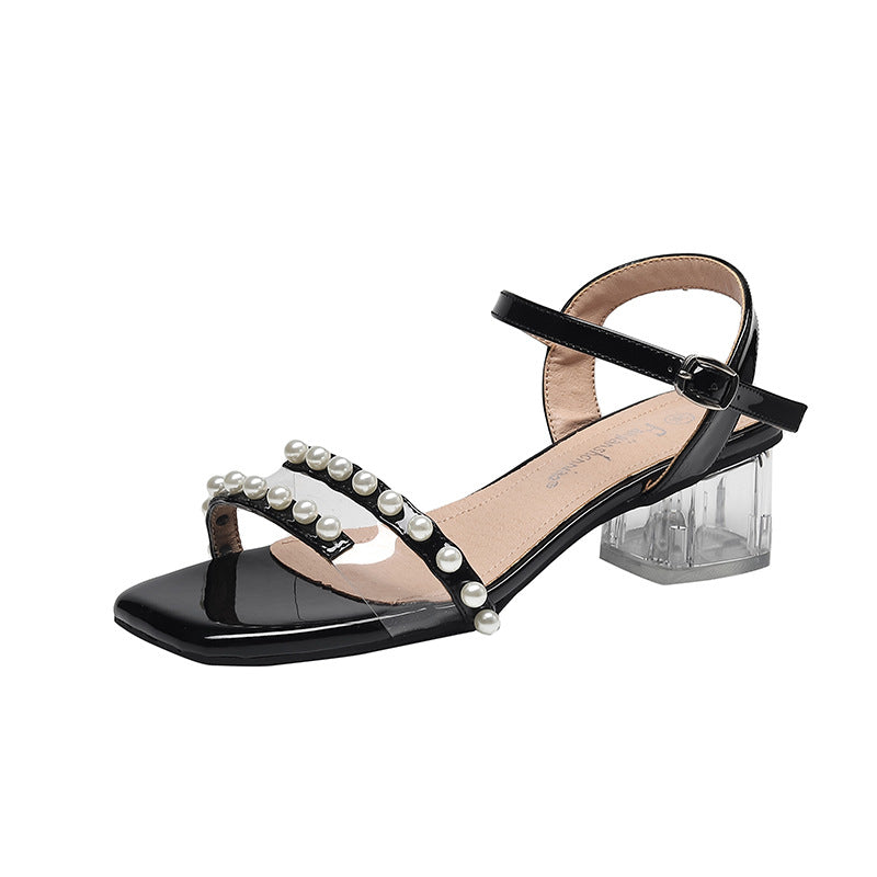 Women's Fashion Chunky Pearl Crystal Ankle-strap High Heels
